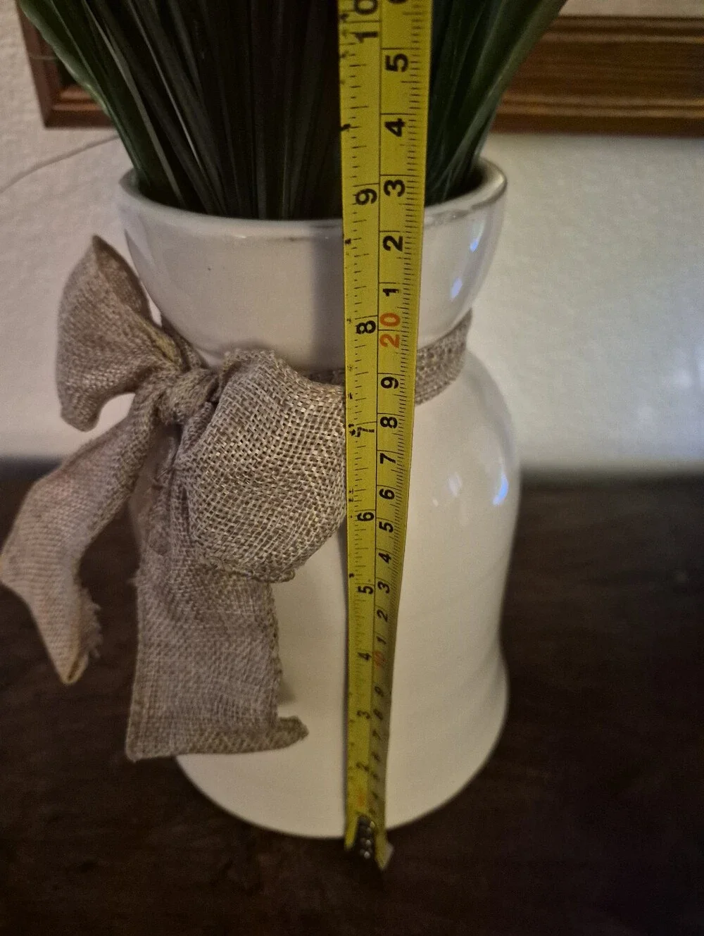 Neutral Ceramic Vase with Burlap Bow and Green Grass Stems For SALE